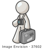 #37602 Clip Art Graphic Of A White Guy Character Tourist With A Camera And Luggage