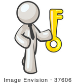 #37606 Clip Art Graphic Of A White Guy Character Holding A Key