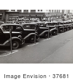 #37681 Stock Photo Of Vintage Cars Lined Up In Parking Spots With Parking Meters On The Sidewalk In Omaha Nebraska 1938