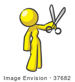 #37682 Clip Art Graphic Of A Yellow Lady Character Holding Scissors