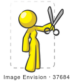 #37684 Clip Art Graphic Of A Yellow Lady Character Cutting Coupons