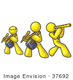 #37692 Clip Art Graphic Of Yellow Guy Characters Playing Flutes And Drums In A Band