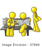 #37694 Clip Art Graphic Of Yellow Guy Characters Waiting At A Bus Stop
