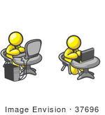#37696 Clip Art Graphic Of Yellow Guy Characters Working On Laptops And Desktops