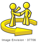 #37706 Clip Art Graphic Of Yellow Guy Characters In An Arrow Shaking Hands