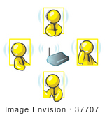 #37707 Clip Art Graphic Of Yellow Guy Characters With Headsets Talking In A Meeting