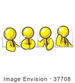 #37708 Clip Art Graphic Of Yellow Guy Characters In Different Poses Wearing Headsets