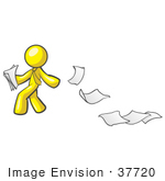 #37720 Clip Art Graphic Of A Yellow Guy Character Dropping Papers