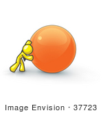#37723 Clip Art Graphic Of A Yellow Guy Character Pushing An Orange Orb