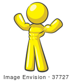 #37727 Clip Art Graphic Of A Yellow Guy Character Flexing His Muscles