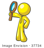 #37734 Clip Art Graphic Of A Yellow Guy Character Holding Up A Magnifying Glass