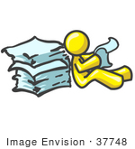 #37748 Clip Art Graphic Of A Yellow Guy Character Reading A Stack Of Papers