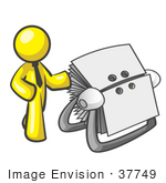 #37749 Clip Art Graphic Of A Yellow Guy Character By A Rolodex