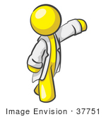 #37751 Clip Art Graphic Of A Yellow Guy Character In A Lab Coat Waving