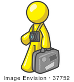 #37752 Clip Art Graphic Of A Yellow Guy Character Tourist With Luggage And A Camera