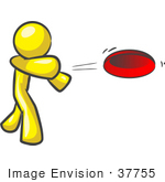#37755 Clip Art Graphic Of A Yellow Guy Character Throwing A Frisbee