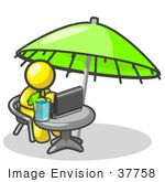 #37758 Clip Art Graphic Of A Yellow Guy Character Working On A Laptop Under An Umbrella