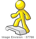 #37766 Clip Art Graphic Of A Yellow Guy Character Doing Steps At The Gym