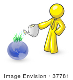 #37781 Clip Art Graphic Of A Yellow Guy Character Watering Earth