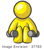#37783 Clip Art Graphic Of A Yellow Guy Character Exercising With Dumbbells