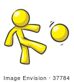 #37784 Clip Art Graphic Of A Yellow Guy Character Kicking A Ball
