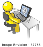 #37786 Clip Art Graphic Of A Yellow Guy Character Using A Computer