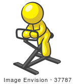 #37787 Clip Art Graphic Of A Yellow Guy Character Exercising On A Stationary Bike