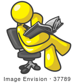 #37789 Clip Art Graphic Of A Yellow Guy Character Sitting And Reading