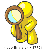 #37791 Clip Art Graphic Of A Yellow Guy Character Kneeling And Using A Magnifying Glass