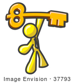 #37793 Clip Art Graphic Of A Yellow Guy Character Holding Up A Skeleton Key