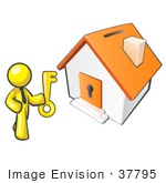 #37795 Clip Art Graphic Of A Yellow Guy Character Holding The Key To A House