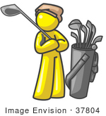 #37804 Clip Art Graphic Of A Yellow Guy Character Golfing
