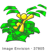 #37805 Clip Art Graphic Of A Yellow Guy Character Jumping Into A Pile Of Cash
