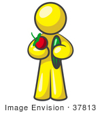 #37813 Clip Art Graphic Of A Yellow Guy Character Holding Veggies