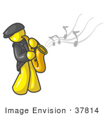 #37814 Clip Art Graphic Of A Yellow Guy Character Playing A Saxophone