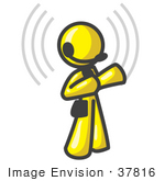 #37816 Clip Art Graphic Of A Yellow Guy Character Wearing A Headset With Signals