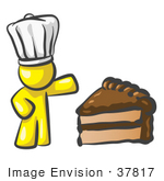 #37817 Clip Art Graphic Of A Yellow Guy Character Chef With Chocolate Cake