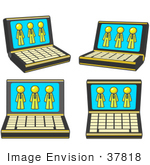 #37818 Clip Art Graphic Of A Yellow Guy Character On Laptop Screens