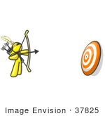 #37825 Clip Art Graphic Of A Yellow Guy Character Shooting Arrows At A Target