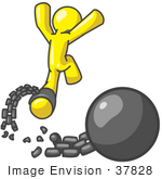 #37828 Clip Art Graphic Of A Yellow Guy Character Breaking Free From A Ball And Chain
