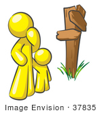 #37835 Clip Art Graphic Of A Yellow Guy Character And Child At A Crossroads