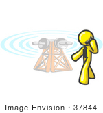 #37844 Clip Art Graphic Of A Yellow Guy Character Talking On A Phone By A Tower