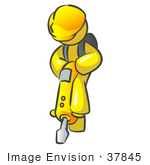 #37845 Clip Art Graphic Of A Yellow Guy Character Operating A Jack Hammer