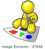 #37848 Clip Art Graphic Of A Yellow Guy Character Cutting Out Shapes