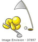 #37857 Clip Art Graphic Of A Yellow Guy Character Trying To Blow A Golf Ball Into The Hole