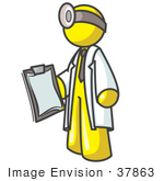 #37863 Clip Art Graphic Of A Yellow Guy Character Doctor Wearing A Head Lamp