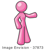 #37873 Clip Art Graphic of a Pink Lady Character Pointing by Jester Arts