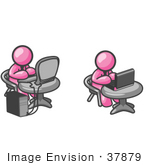 #37879 Clip Art Graphic Of Pink Guy Characters Using Laptop And Desktop Computers