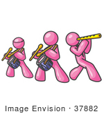 #37882 Clip Art Graphic Of Pink Guy Characters Playing A Flute And Drums In A Band