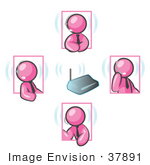 #37891 Clip Art Graphic Of Pink Guy Characters Holding A Conference With Headsets